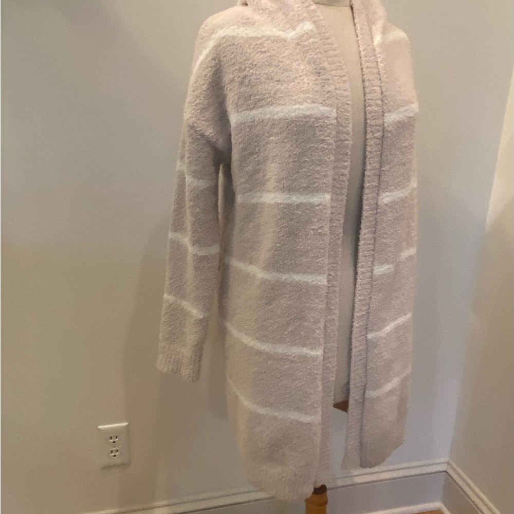 Almost Famous Womens Long Hooded Cardigan Tan w Cream Stripe Sweater/Size S/ NWT - Picture 6 of 15